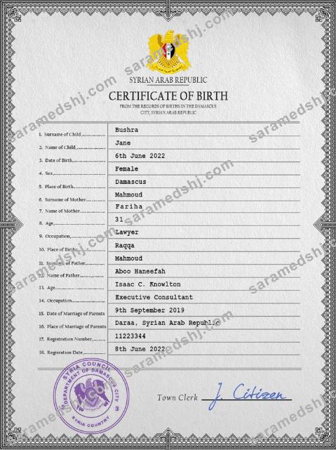 Syria birth certificate PSD template